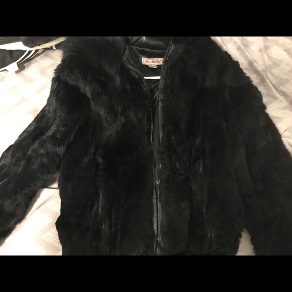 Black fur coat with hood
